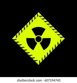 A radiation icon located in a yellow frame.  Black background.
 Vector illustration.