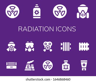 radiation icon set. 14 filled radiation icons. Included Radioactive, Sun cream, Gas mask, Ultraviolet, Nuclear, Radiation, Toxic, Radiator icons