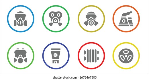 radiation icon set. 8 filled radiation icons.  Simple modern icons such as: Gas mask, Sun cream, Radiator, Nuclear, Radiation