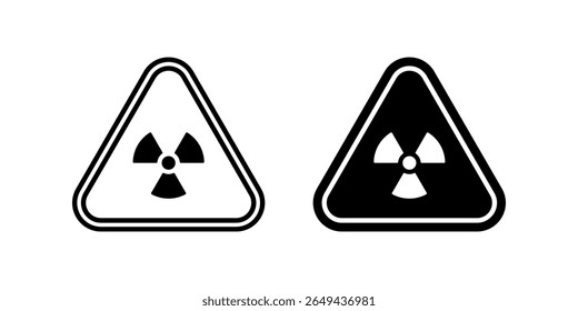 Radiation icon set. A simple and clean illustration of a radiation warning symbol in both outline and filled black versions, isolated on a white background within a triangle shape.