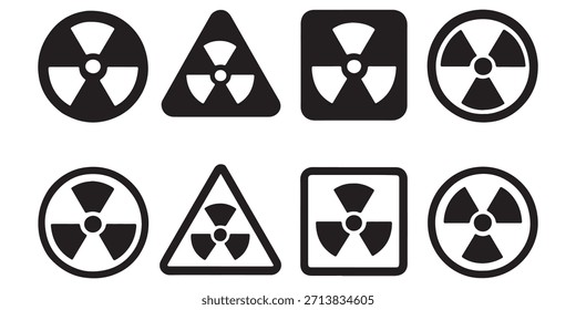 Symbol für Strahlung. Eine einfache und saubere Illustration eines Strahlungswarnsymbols in Umrissen und gefüllten schwarzen Versionen, einzeln auf weißem Hintergrund in Dreiecksform.