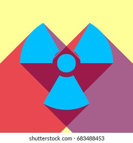 The radiation icon. Radiation symbol. Vector. Deep sky blue icon with two flat violet and raspberry semitransparent shadows on canary background.