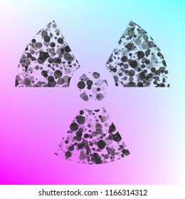 The radiation icon. Radiation symbol. Vector. Gray icon with bubbled texture at color background with pink and sky blue corners.