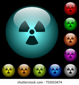 Radiation icons in color illuminated spherical glass buttons on black background. Can be used to black or dark templates