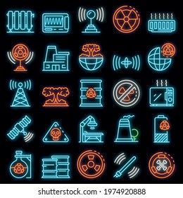 Radiation icons set. Outline set of radiation vector icons neon color on black