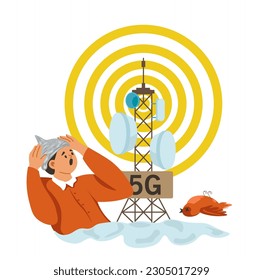 Radiación y enfermedades causadas por antenas de 5g. La teoría de la conspiración de la gente, la falsa creencia y la trama retorcida, los seguidores del plan. Hombre usando un sombrero hecho de papel. Vectores en la ilustración de estilos planos