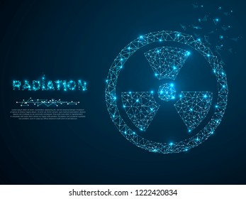 Radiation. Low poly wireframe illustration style. Vector polygonal image in the form of a starry sky or space, consisting of points, lines, and shapes in the form of stars with destructing shapes