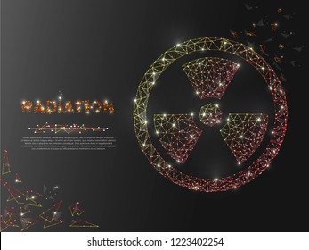 Radiation. Low poly wireframe illustration style. Vector red polygonal image in the form of a starry sky or space, consisting of points, lines, and shapes in the form of stars with destructing shapes