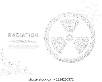 Radiation. Low poly wireframe illustration. Vector polygonal image, consisting of points, lines, and shapes in the form of stars, triangles with destructing shapes on white background