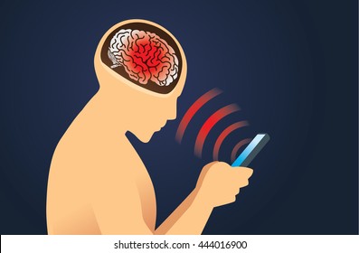 Radiation from mobile phone lead to brain damage. Medical illustration.