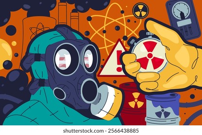 Radiation and nuclear power plant hazard banner. Vector clipart for warning about radioactive contamination, industrial risks, atomic power safety. Naution, emergency alert, environmental protection.