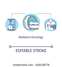 Radiation oncology concept icon. Cancer treatment idea thin line illustration. Medical help. Radiology. Tumor irradiation. Vector isolated outline RGB color drawing. Editable stroke