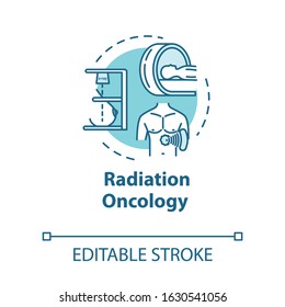 Radiation oncology concept icon. Diagnosis and treatment of cancer. Tumor therapy. Radiotherapy idea thin line illustration. Vector isolated outline RGB color drawing. Editable stroke