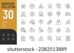 Radiation Pollution Line Editable Icons set. Vector illustration in thin line modern style of nuclear energy related icons: mining of coal and radioactive minerals, waste disposal, nuclear weapons.