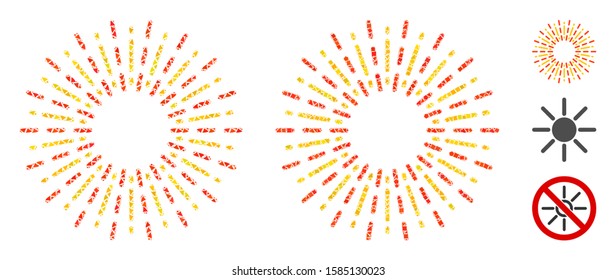 Radiation rays icon mosaic of ragged pieces in variable sizes and shades, based on radiation rays icon. Vector raggy dots are grouped into collage. Radiation rays icons collage with dotted pattern.
