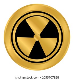 Radiation round golden button on white background. Vector illustration.