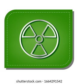 Radiation Round sign. Silver gradient line icon with dark green shadow at ecological patched green leaf. Illustration.