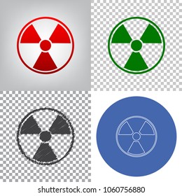 Radiation Round sign. Vector. 4 styles. Red gradient in radial lighted background, green flat and gray scribble icons on transparent and linear one in blue circle.