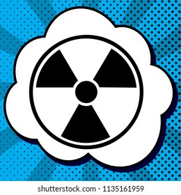 Radiation Round sign. Vector. Black icon in bubble on blue pop-art background with rays.