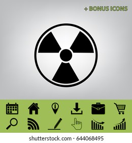 Radiation Round sign. Vector. Black icon at gray background with bonus icons at celery ones