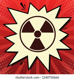 Radiation Round sign. Vector. Dark red icon in lemon chiffon shutter bubble at red popart background with rays.