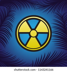 Radiation Round sign. Vector. Golden icon with black contour at blue background with branches of palm trees.