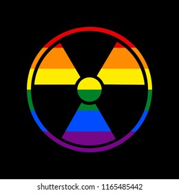 Radiation Round sign. Vector. Icon with colors of LGBT flag at black background.