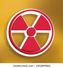 Radiation Round sign. Vector. Magenta icon with darker shadow, white sticker and black popart shadow on golden background.