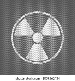 Radiation Round sign. Vector. White knitted icon on gray knitted background. Isolated.