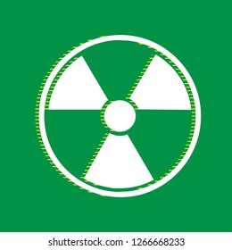 Radiation Round sign. Vector. White flat icon with yellow striped shadow at green background.