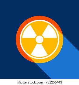 Radiation Round sign. Vector. White icon on tangelo circle with infinite shadow of light at cool black background. Selective yellow and bright navy blue are produced.