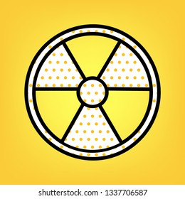 Radiation Round sign. Vector. Yellow polka dot white icon with black contour at warm yellow background.