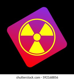 Radiation Round sign. Vector. Yellow icon at violet-red gradient square with rounded corners rotated for dynamics on black background.