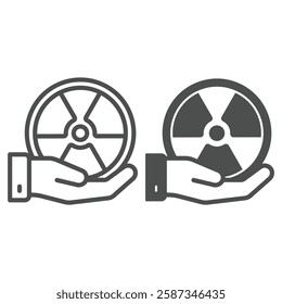 Radiation seal in hand line and solid icon, atomic energy concept. Vector graphics. Hand palm with radioactivity danger sticker sign on white background, outline style icon for mobile or web design