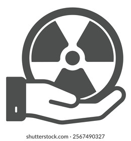 Radiation seal in hand solid icon, atomic energy concept. Vector graphics. Hand palm with radioactivity danger sticker sign on white background, glyph style icon for mobile or web design