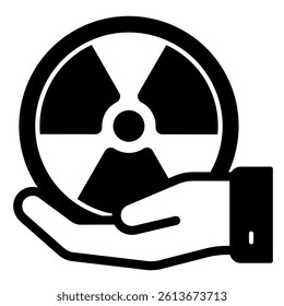 Radiation seal in hand solid icon, atomic energy concept. Vector graphics. Hand with radioactivity danger, sticker sign on white background, glyph style mobile or design