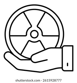 Radiation seal in hand thin line icon, atomic energy concept. Vector graphics. Hand with radioactivity bubble, danger sticker sign on white background, linear style for mobile or design