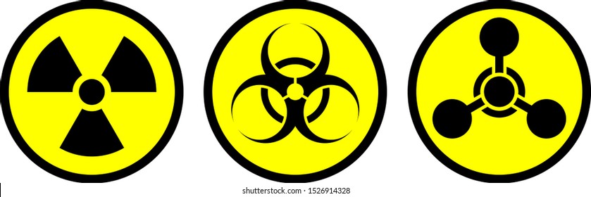 Radiation Sign, Biological Contamination Icon, Chemical Weapons Symbol. Set Of Stickers Of Weapons Of Mass Destruction.