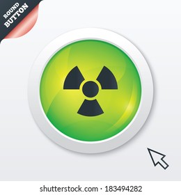 Radiation sign icon. Danger symbol. Green shiny button. Modern UI website button with mouse cursor pointer. Vector