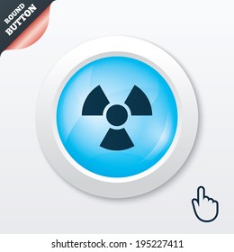 Radiation sign icon. Danger symbol. Blue shiny button. Modern UI website button with hand cursor pointer. Vector