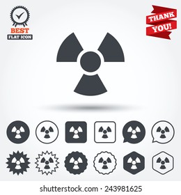 Radiation sign icon. Danger symbol. Circle, star, speech bubble and square buttons. Award medal with check mark. Thank you. Vector