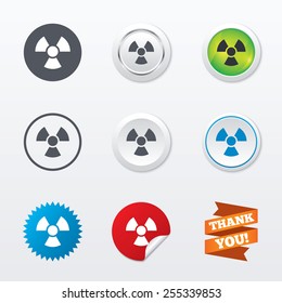 Radiation sign icon. Danger symbol. Circle concept buttons. Metal edging. Star and label sticker. Vector