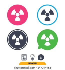 Radiation sign icon. Danger symbol. Report document, information sign and light bulb icons. Vector