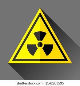 Radiation sign icon in flat style on gray background, toxic emblem in yellow triangle, vector design illustration for you project