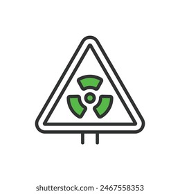 Signo de radiación, en diseño de línea, verde. Radiación, Señal, Peligro, Advertencia, Seguridad, Peligro, Nuclear sobre fondo blanco Vector. Icono de trazo editable de signo de radiación.