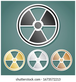 Radiation sign. Set of metallic Icons with gray, gold, silver and bronze gradient with white contour and shadow at viridan background. Illustration.