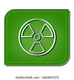 Radiation sign. Silver gradient line icon with dark green shadow at ecological patched green leaf. Illustration.