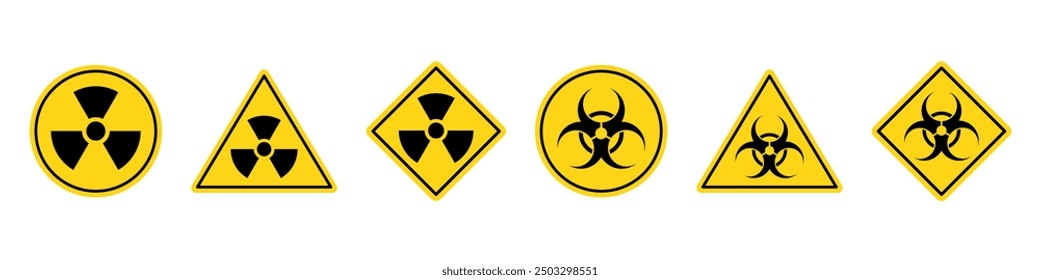 Radiation sign. Toxic radioactive sign. Yellow nuclear label vector set. Bio hazard laboratory icon.