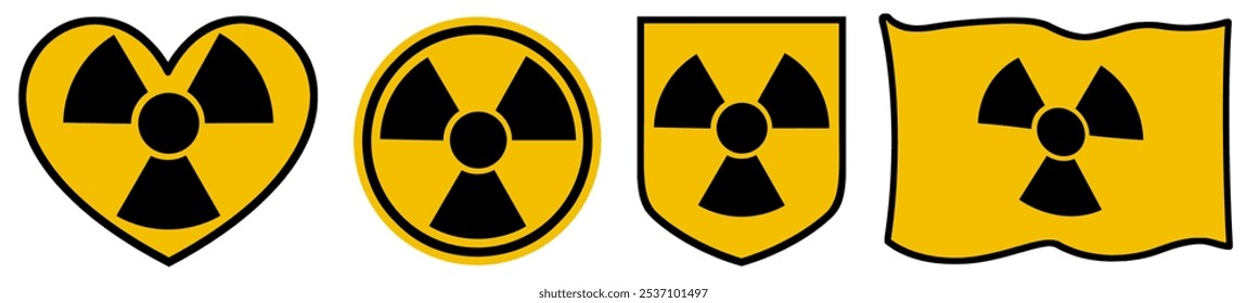 Radiation sign vector. Black symbol on yellow background. Heart, Circle, Shield and Flag