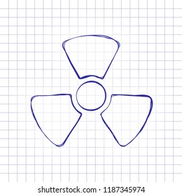 Radiation simple symbol. Radioactivity icon. Hand drawn picture on paper sheet. Blue ink, outline sketch style. Doodle on checkered background